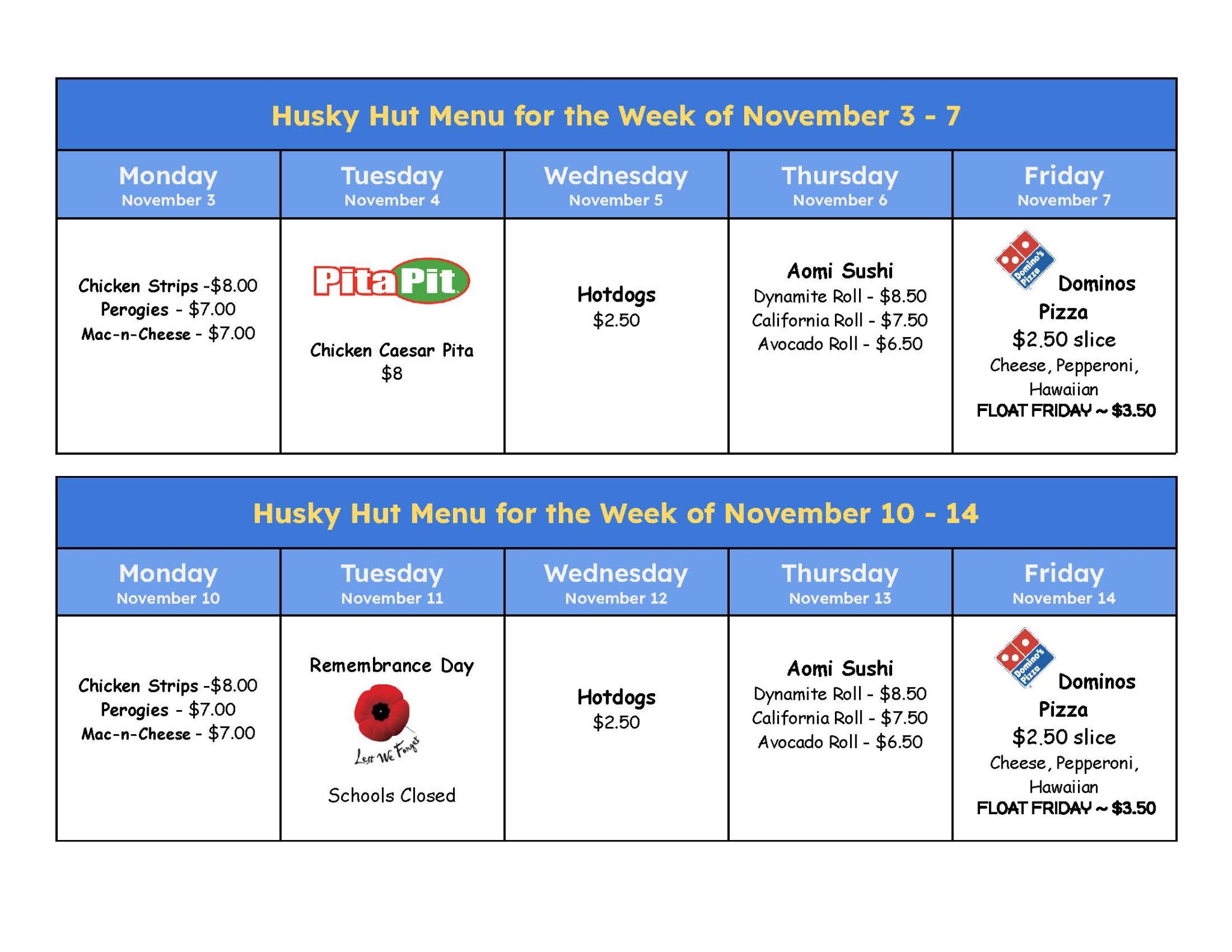 Husky Hut Menu November 3 7