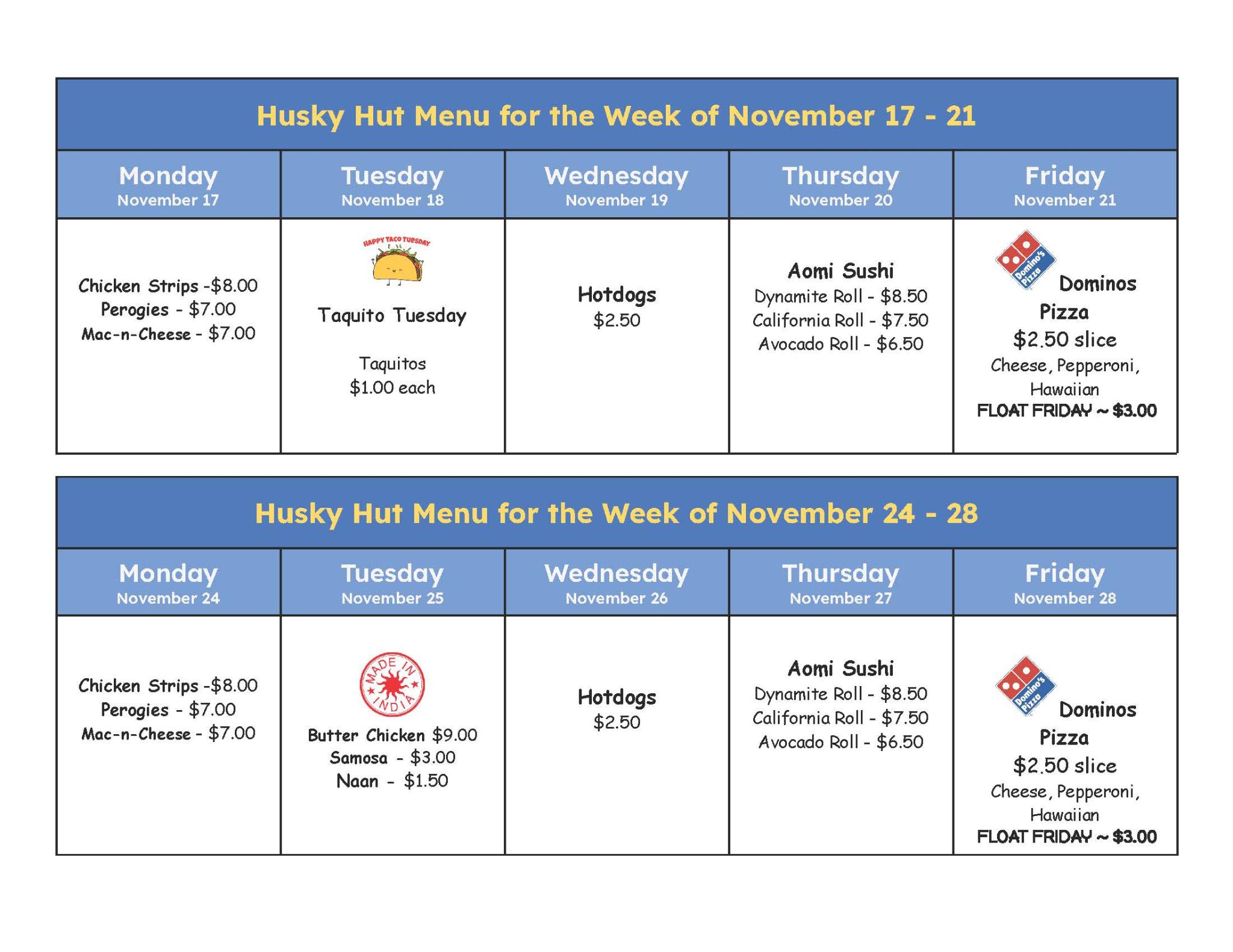 Husky Hut Menu November 17 28