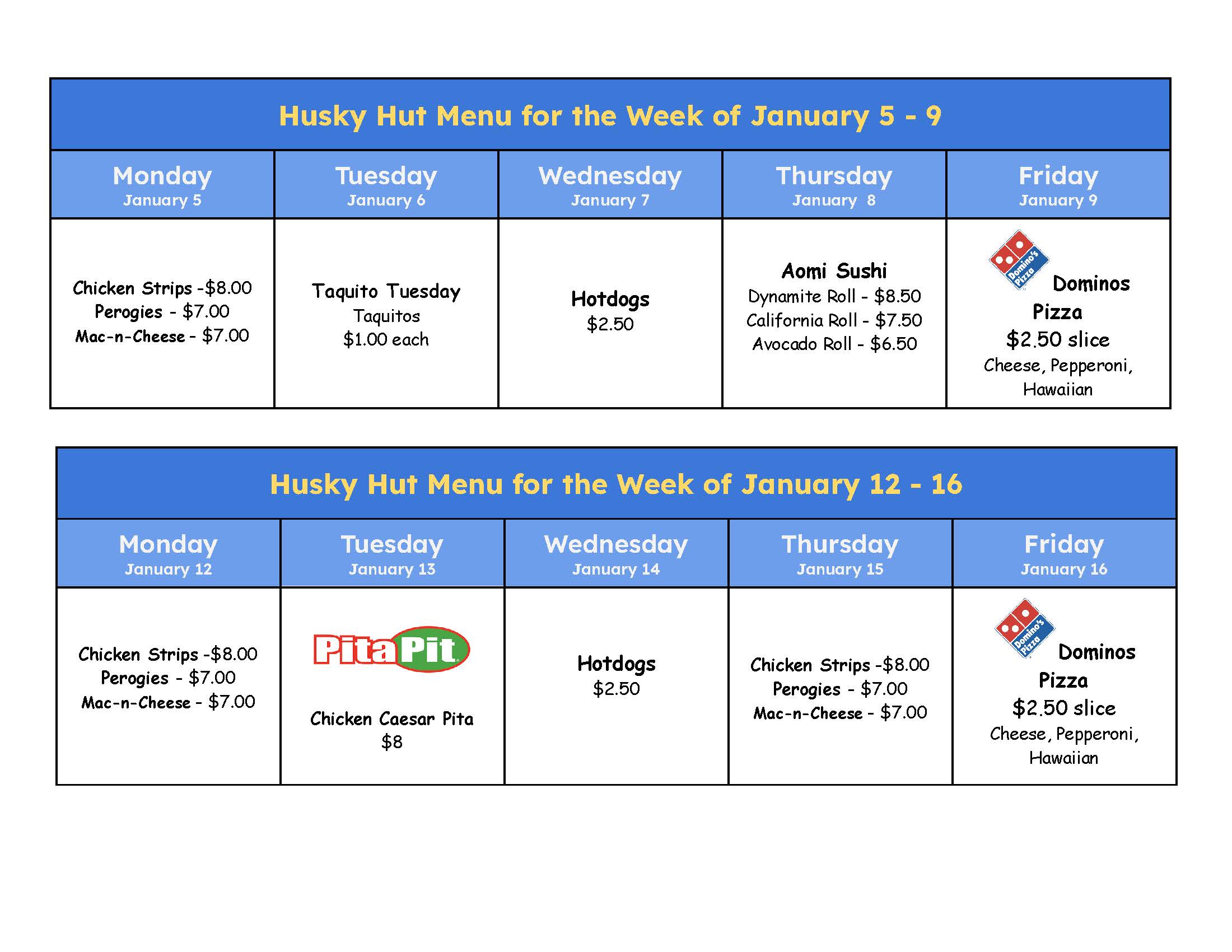 Husky Hut Menu January 5 16